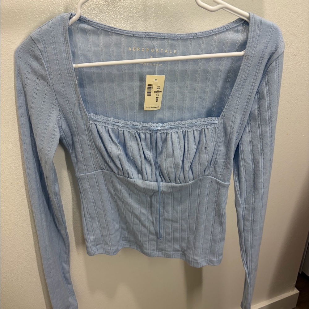 Aeropostale Light Blue Ribbed Square-Neck Long Sleeve Top with Gathered Bust
